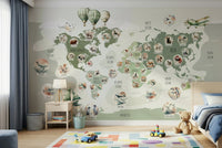 Green map mural over sofa in modern lounge, travel wall decor with crisp outlines and soft greens