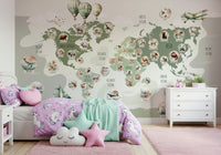 Green map wall mural in teen room, modern travel theme wall decor.