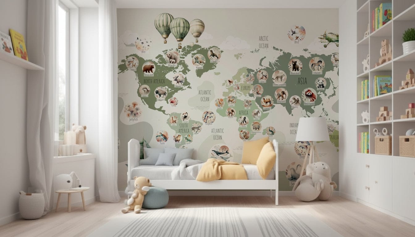 Large green world map mural in apartment entryway, travel-inspired feature wall with modern style