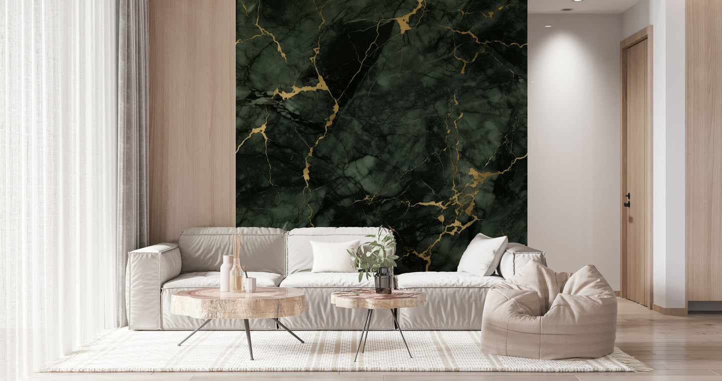 Wall mural with gilded stone textures combining natural ruggedness with a touch of luxury.