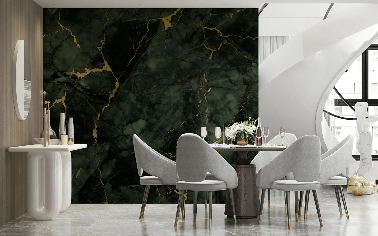 Gilded Stone Wall Mural featuring textured stone surfaces with shimmering gold accents.