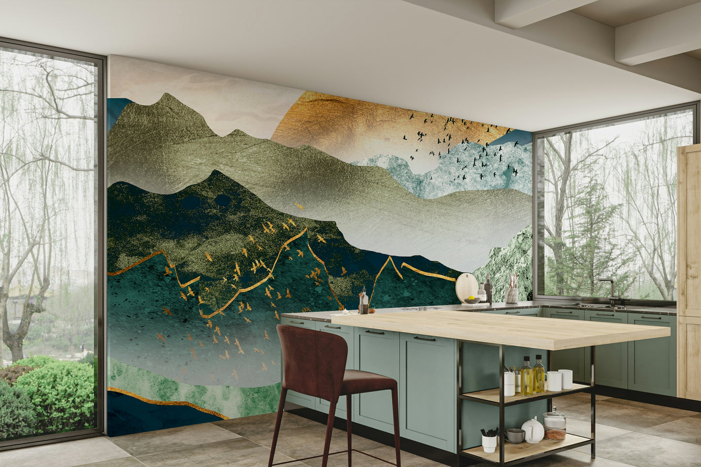 Green Golden Mountains Sunset Wallpaper – Golden Hour Wall Mural
