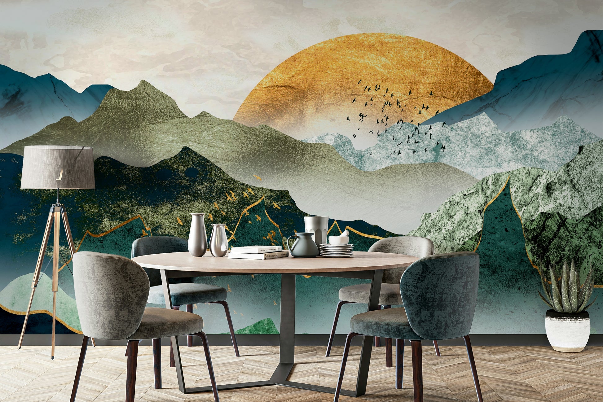 Green Golden Mountains Sunset Wallpaper – Sunset Wall Decor