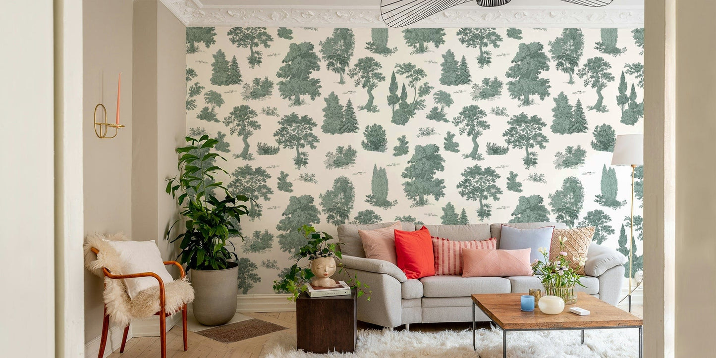 A peaceful wall mural with an organic, botanical design.

