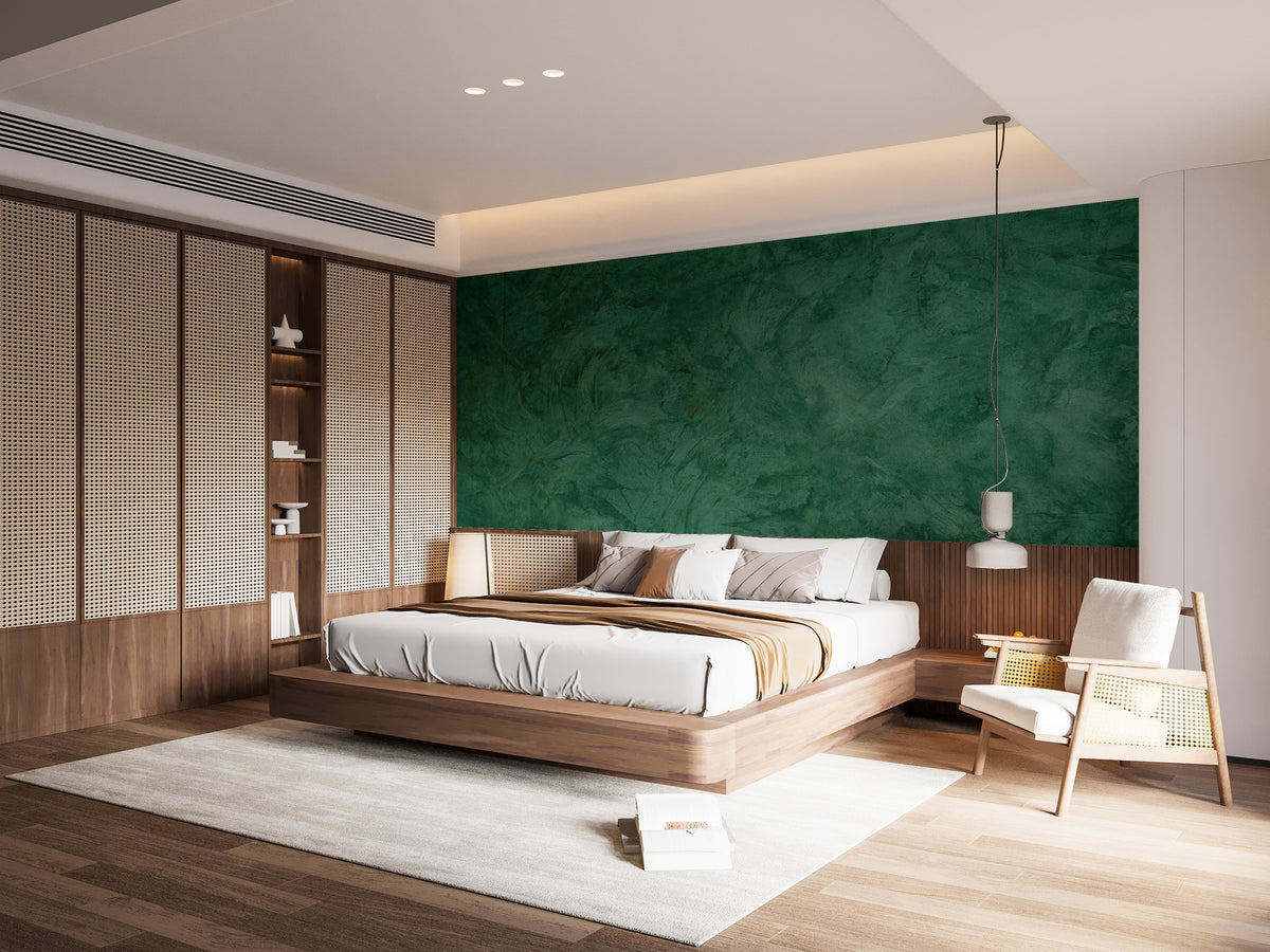 Green Grunge Cement wallpaper mural shown as a full feature wall that highlights the design
