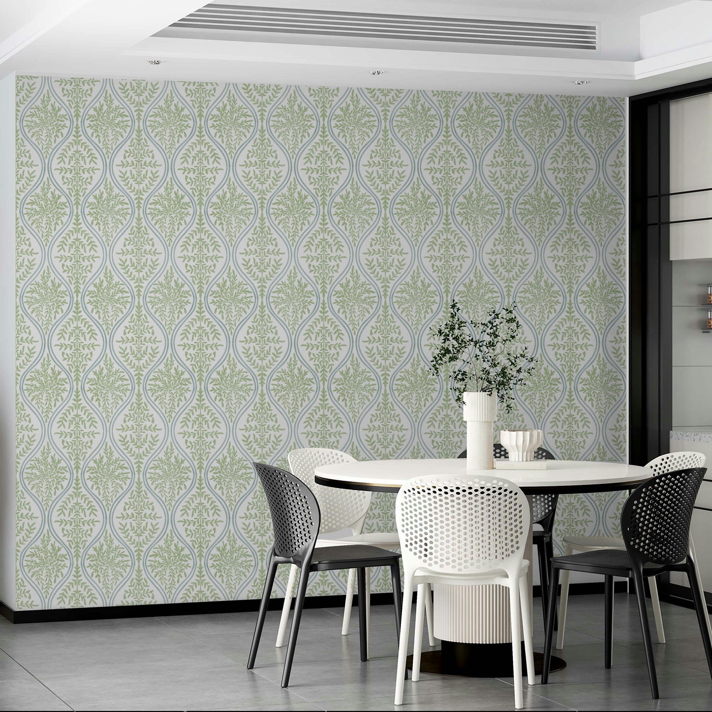 Green leaf damask wallpaper with intricate floral patterns

