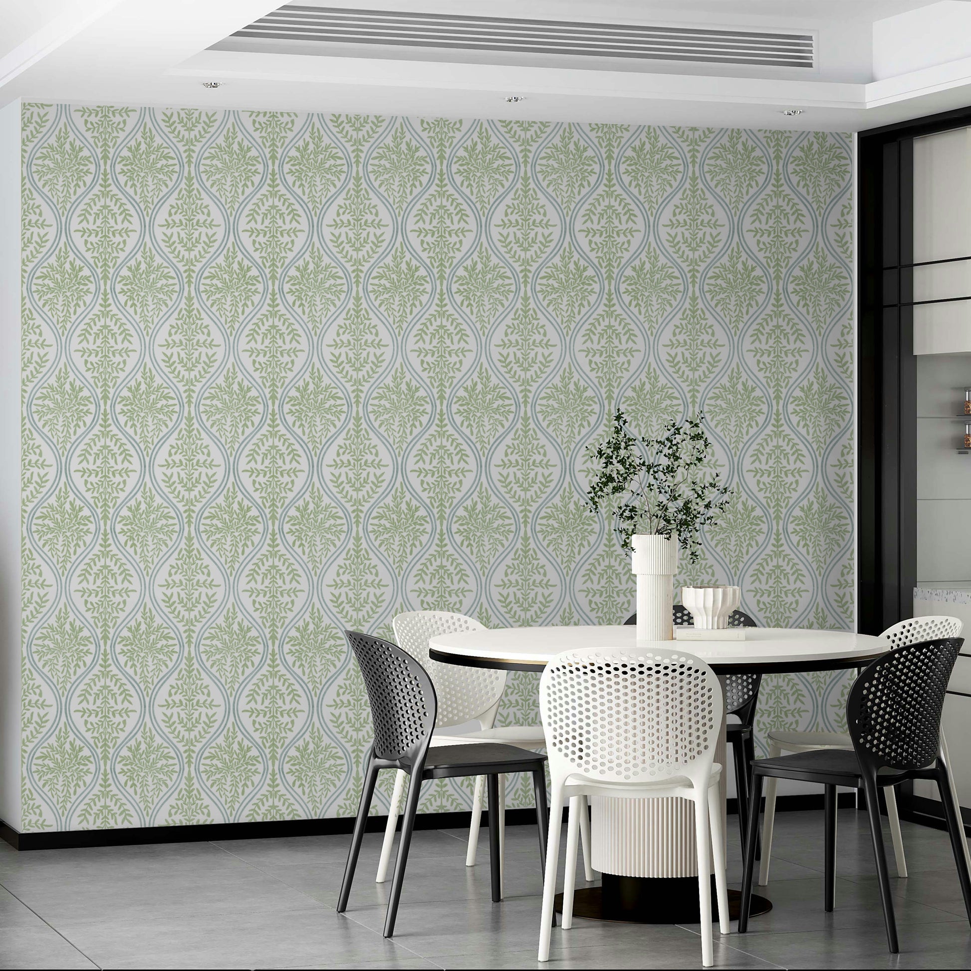 Green leaf damask wallpaper with intricate floral patterns

