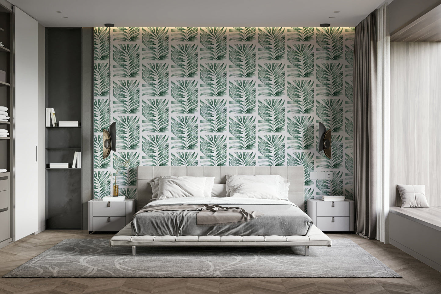 The colors are soft and gentle, with pale grays, greens, and whites.

