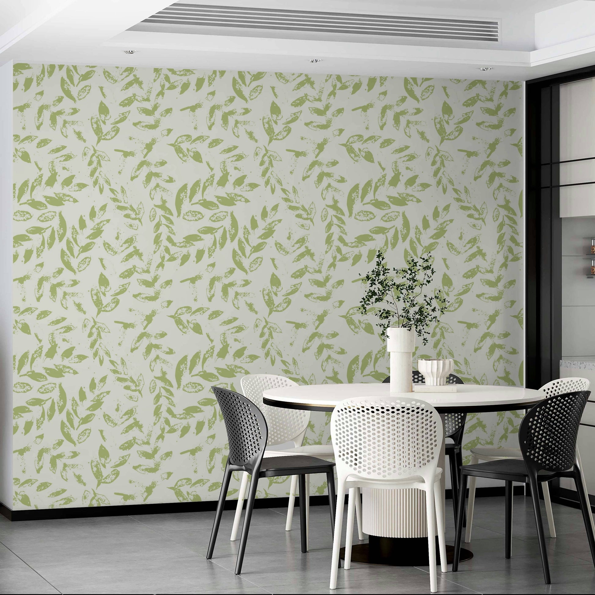 The colors are soft and muted, with various shades of green on a light background.
