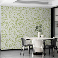 The colors are soft and muted, with various shades of green on a light background.
