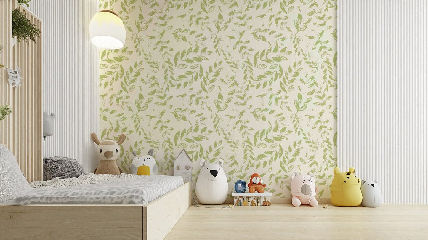 A full-wall mural showing a pattern of printed leaves.

