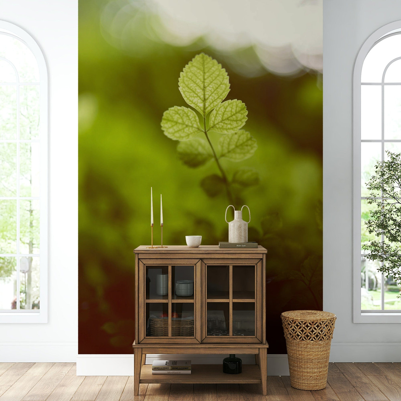 A beautiful wide-angle forest wall mural for a living room.

