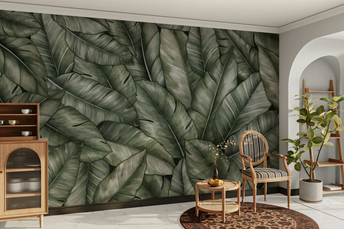 The design features various types of green foliage.

