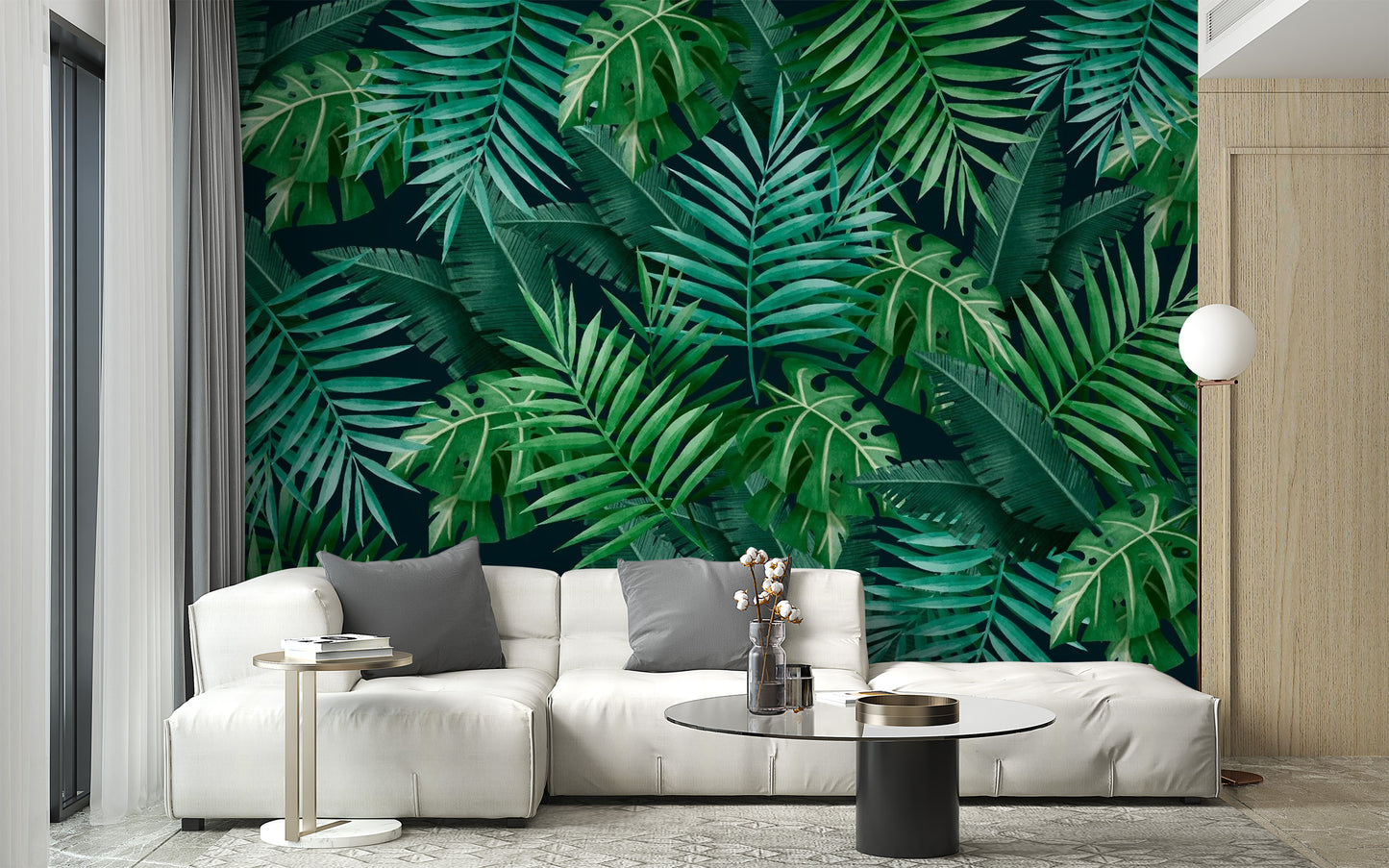 Green Leaves wallpaper mural styled along a hallway feature wall near a console in green tones