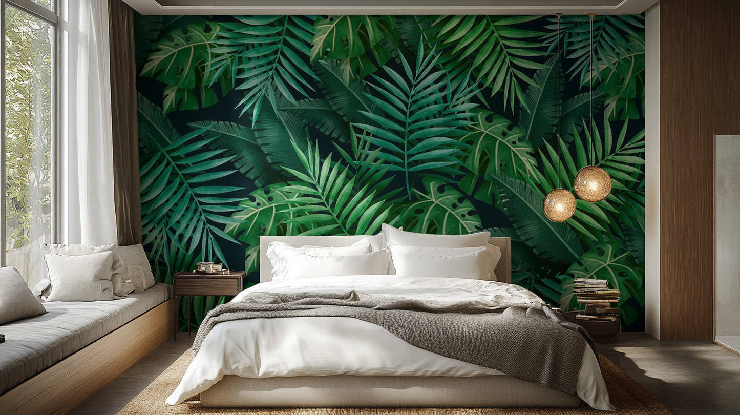 Green Leaves wallpaper mural as a feature wall in a home office workspace in green tones