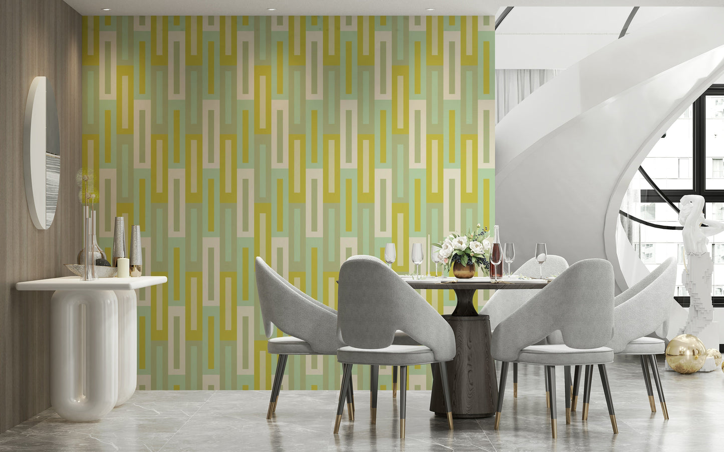 Maze of Greens wallpaper adding depth and visual interest with layered green patterns.