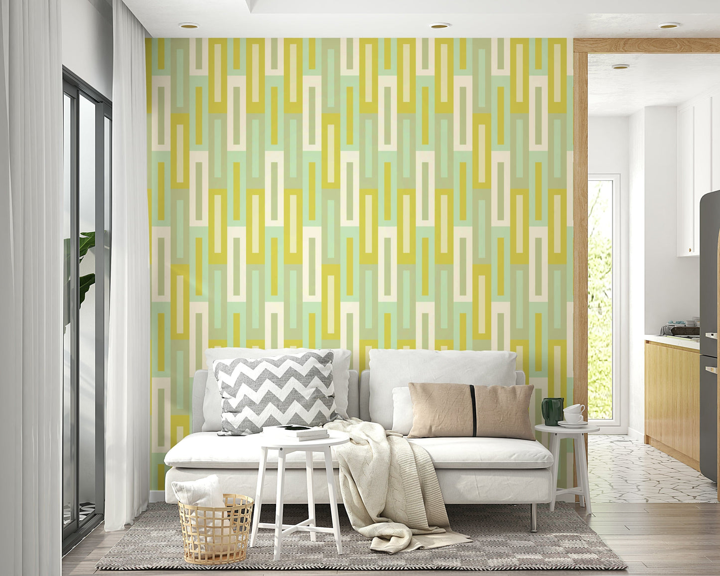 Green-toned maze wallpaper with a modern, abstract design for home interiors.