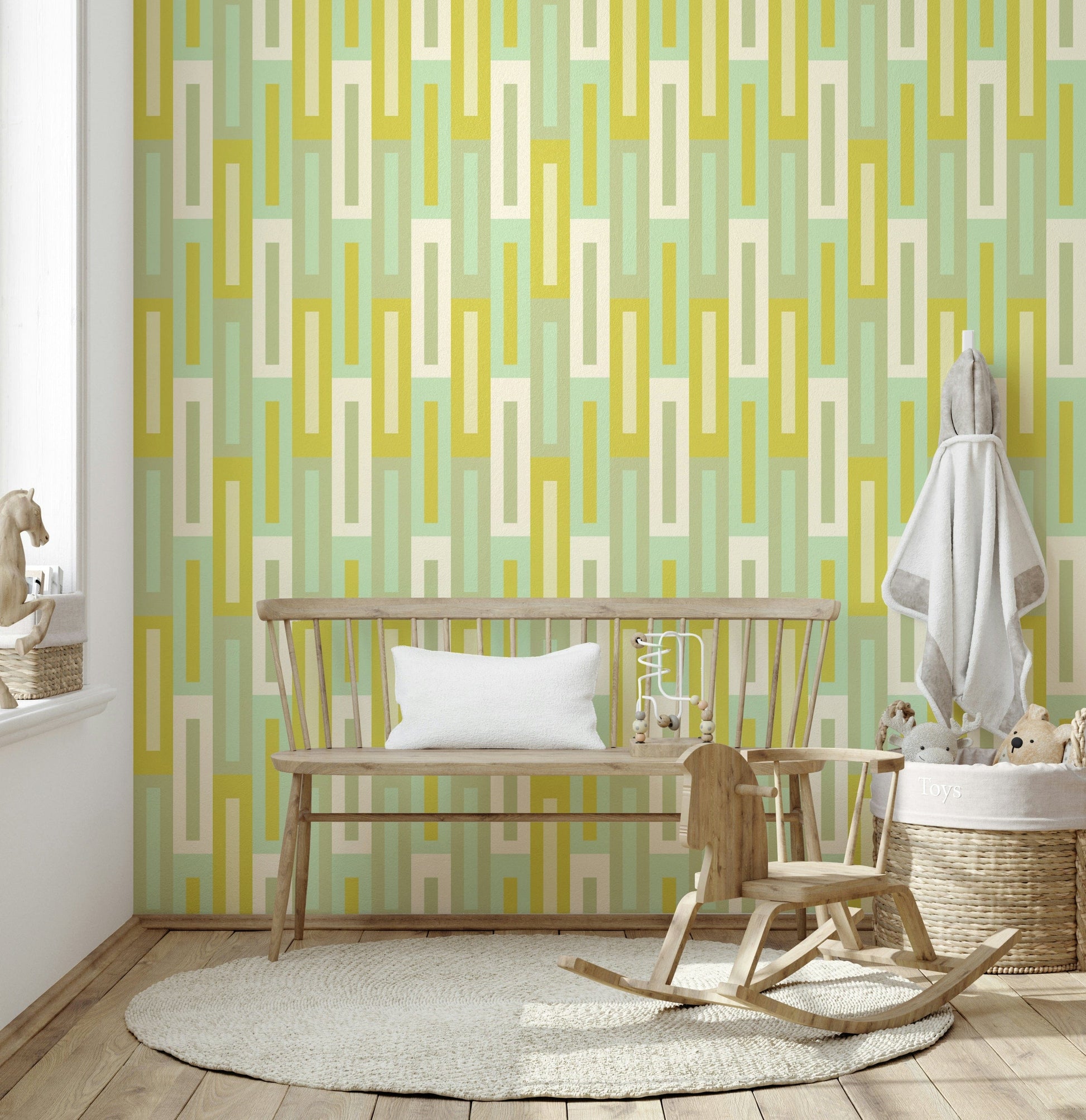 Abstract green labyrinth wallpaper creating a calming, nature-inspired aesthetic.