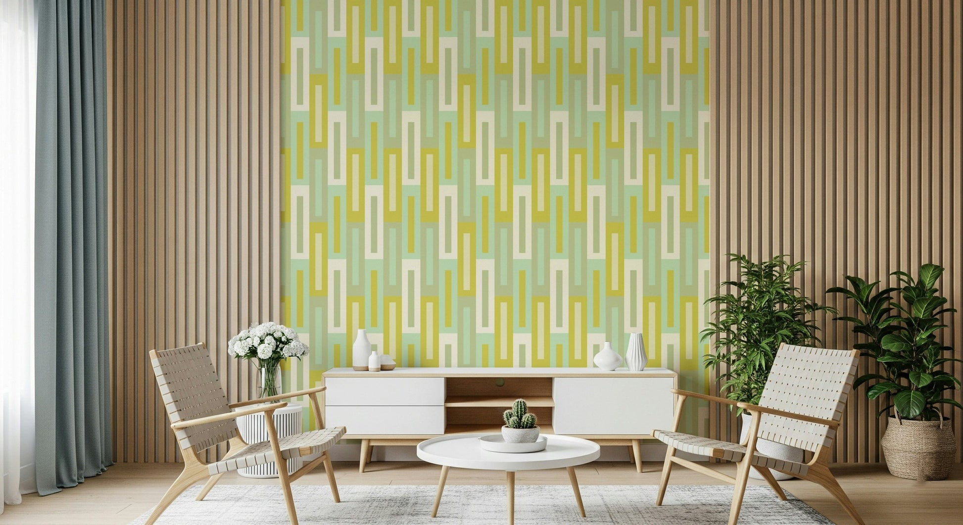 Maze of Greens Wallpaper with intricate green geometric patterns for stylish wall decor.