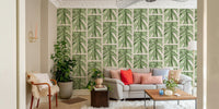 A peaceful wall mural with a botanical, geometric design.


