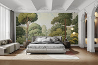 Green Natural Woodcut Forest wallpaper of layered green trees behind a gray upholstered bed in a vaulted bedroom