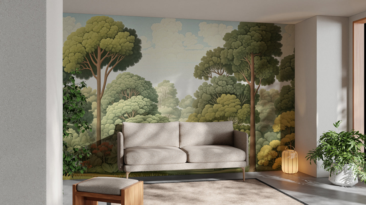 Green Natural Woodcut Forest wallpaper of tall green trees behind a beige sofa in a bright sunlit living room