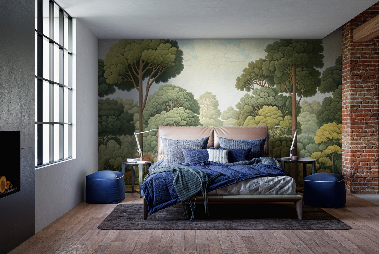 Green Natural Woodcut Forest wallpaper of green trees behind navy blue bedding in a loft bedroom with brick wall