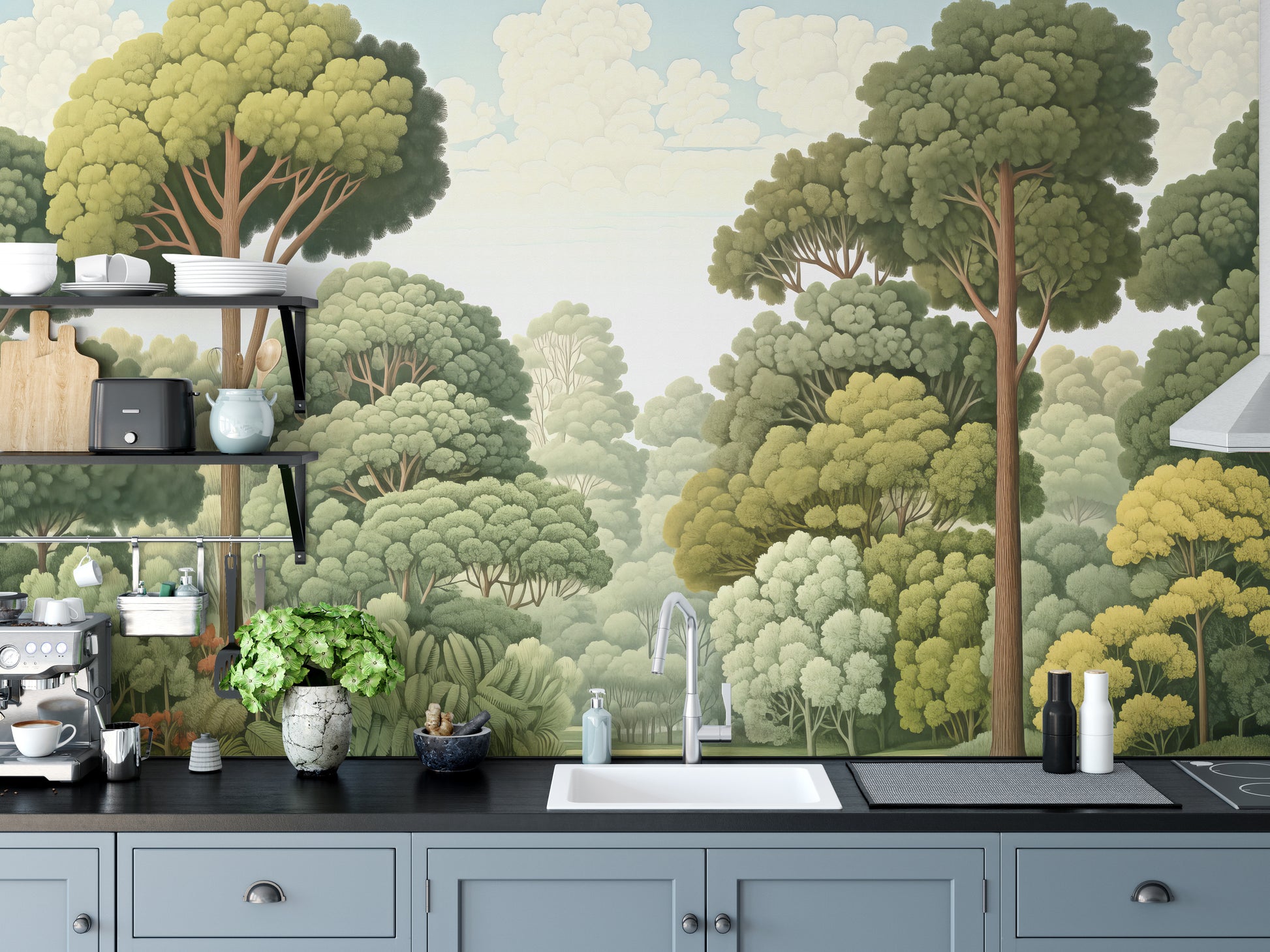 Green Natural Woodcut Forest wallpaper of green woodland trees above blue-gray cabinets and a white kitchen sink