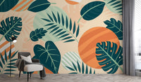 Green Orange Beige Leaves Wallpaper Mural - Giffywalls