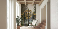 Modern studio styling using a large park mural in natural green colors.