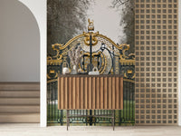 Green Park Gate Wall Mural as a feature wall in a contemporary dining area.