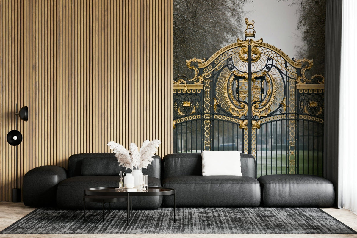 Green Park Gate Wall Mural on a large living room wall with modern seating.