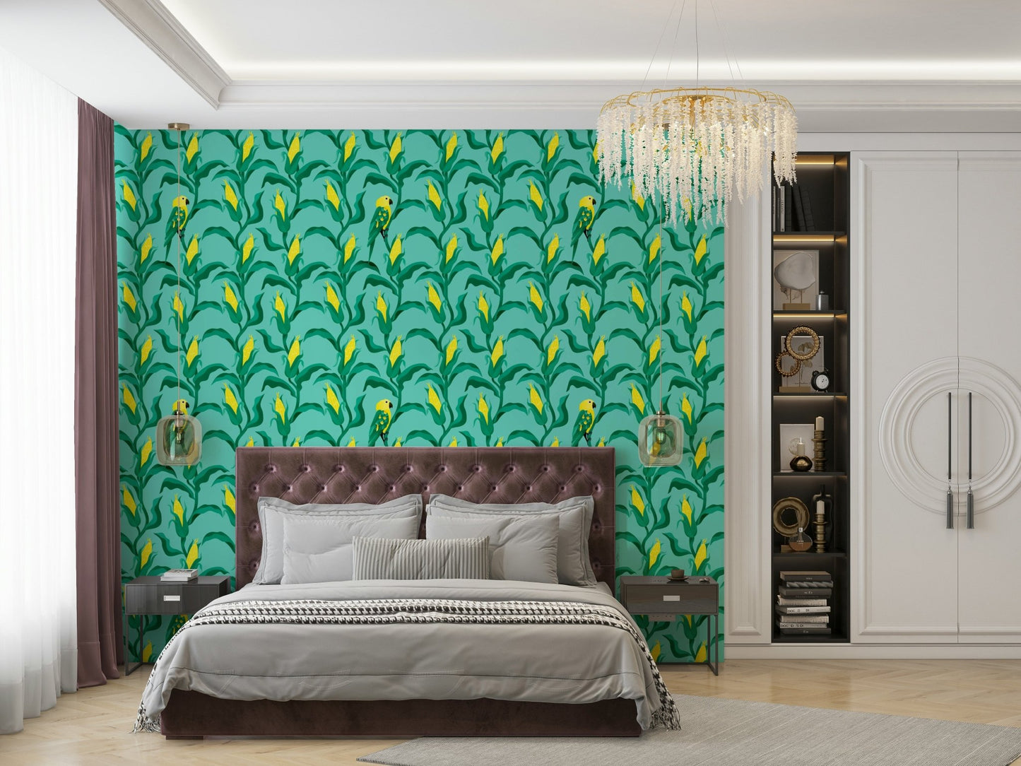 Playful corn and parrot wallpaper pattern

