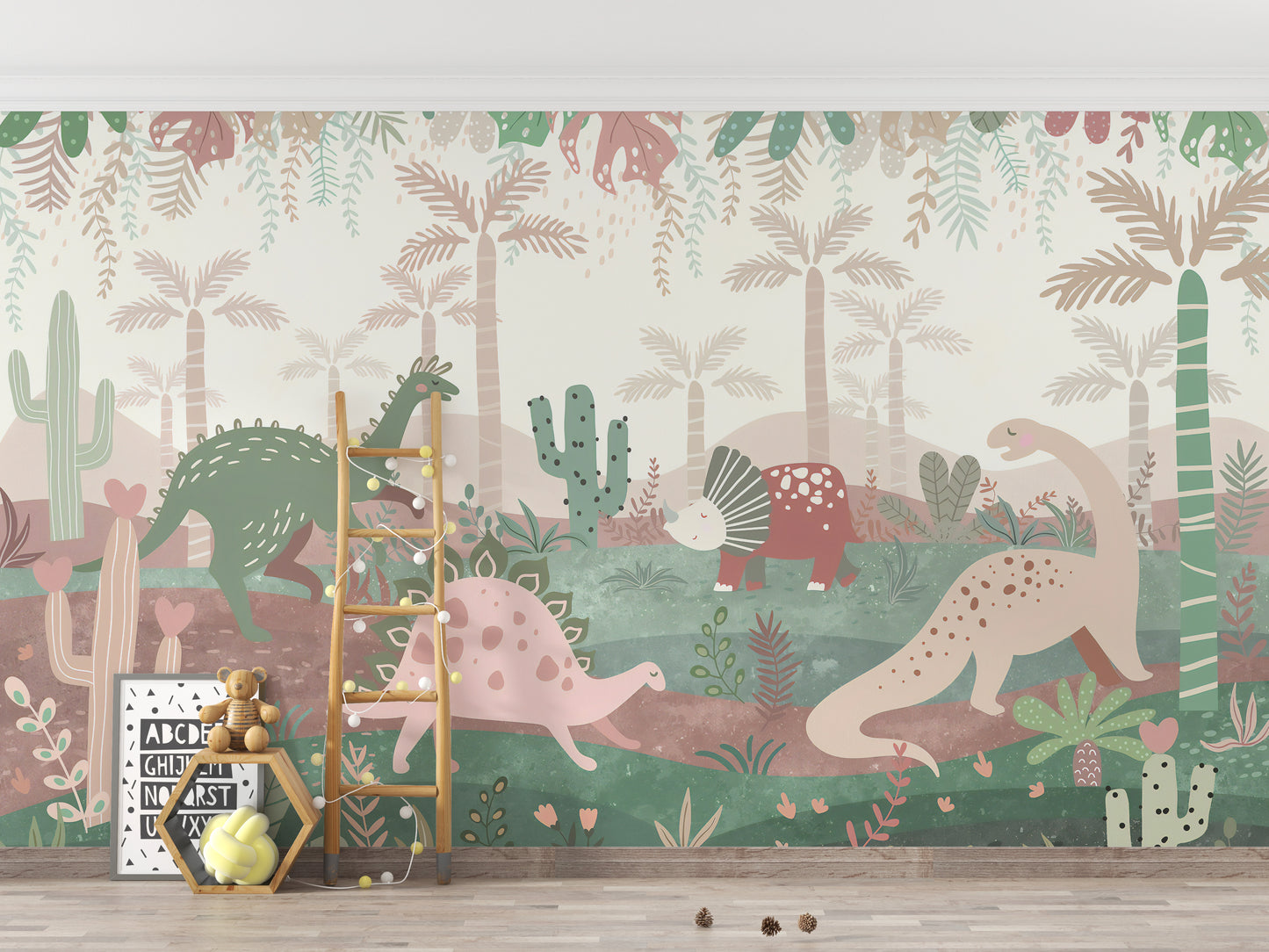 Green & Pink Color Dinosaurs Enjoying wallpaper mural styled along a hallway feature wall near a console
