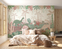 Green & Pink Color Dinosaurs Enjoying wallpaper mural as a feature wall in a home office workspace in a multicolour palette