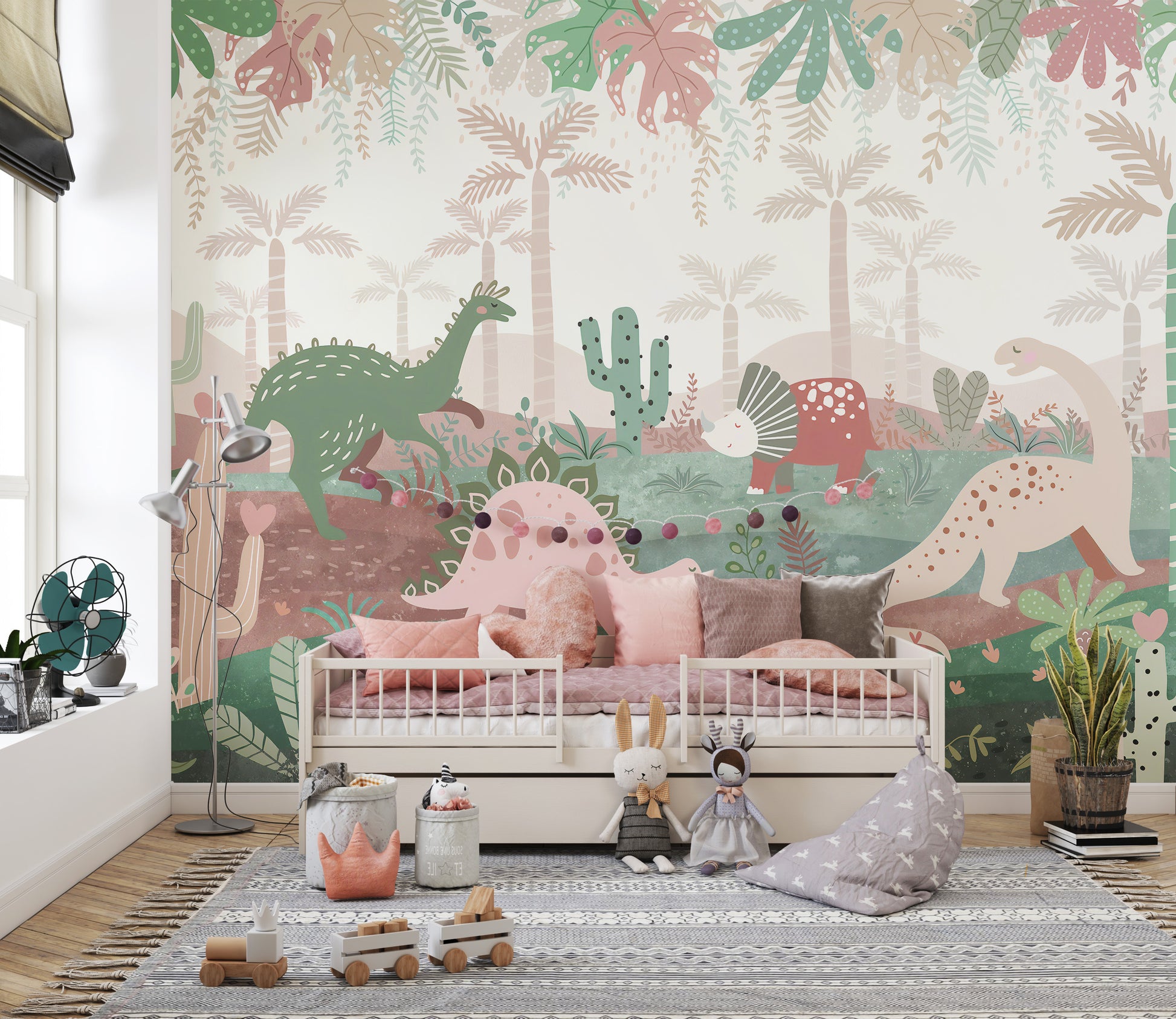 Green & Pink Color Dinosaurs Enjoying wallpaper mural as a bedroom feature wall behind the headboard in a multicolour palette