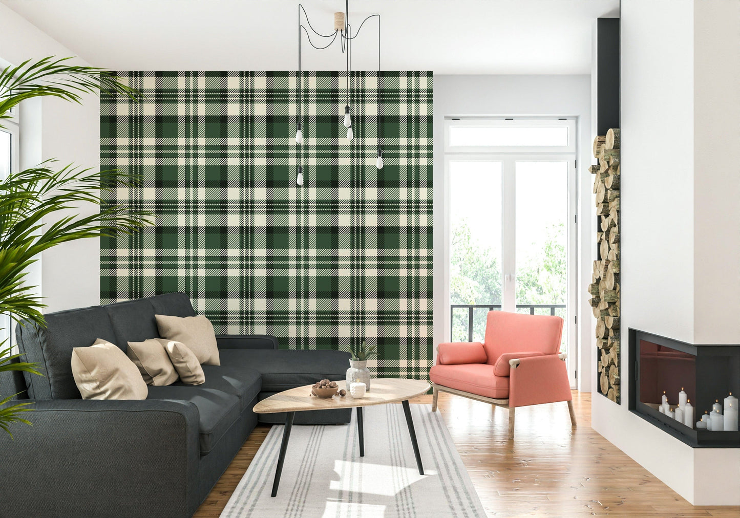 Green tartan wallpaper with clean, modern lines for home or office spaces.