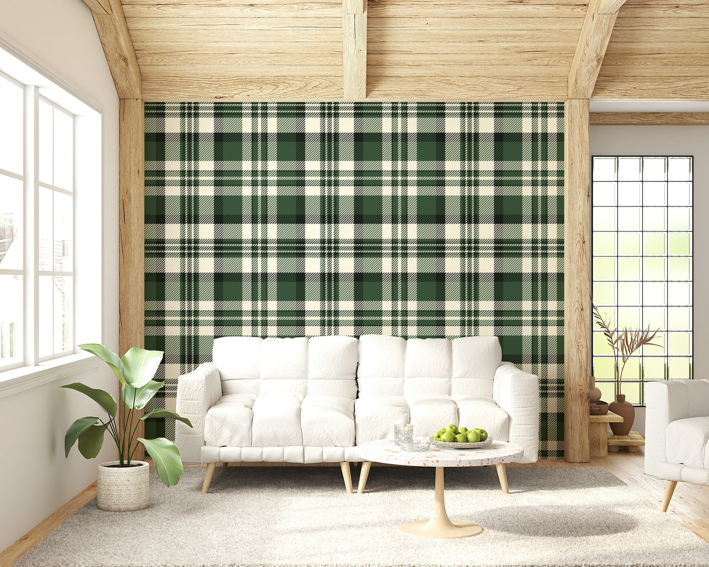 Contemporary green plaid wallpaper combining classic patterns with modern style.
