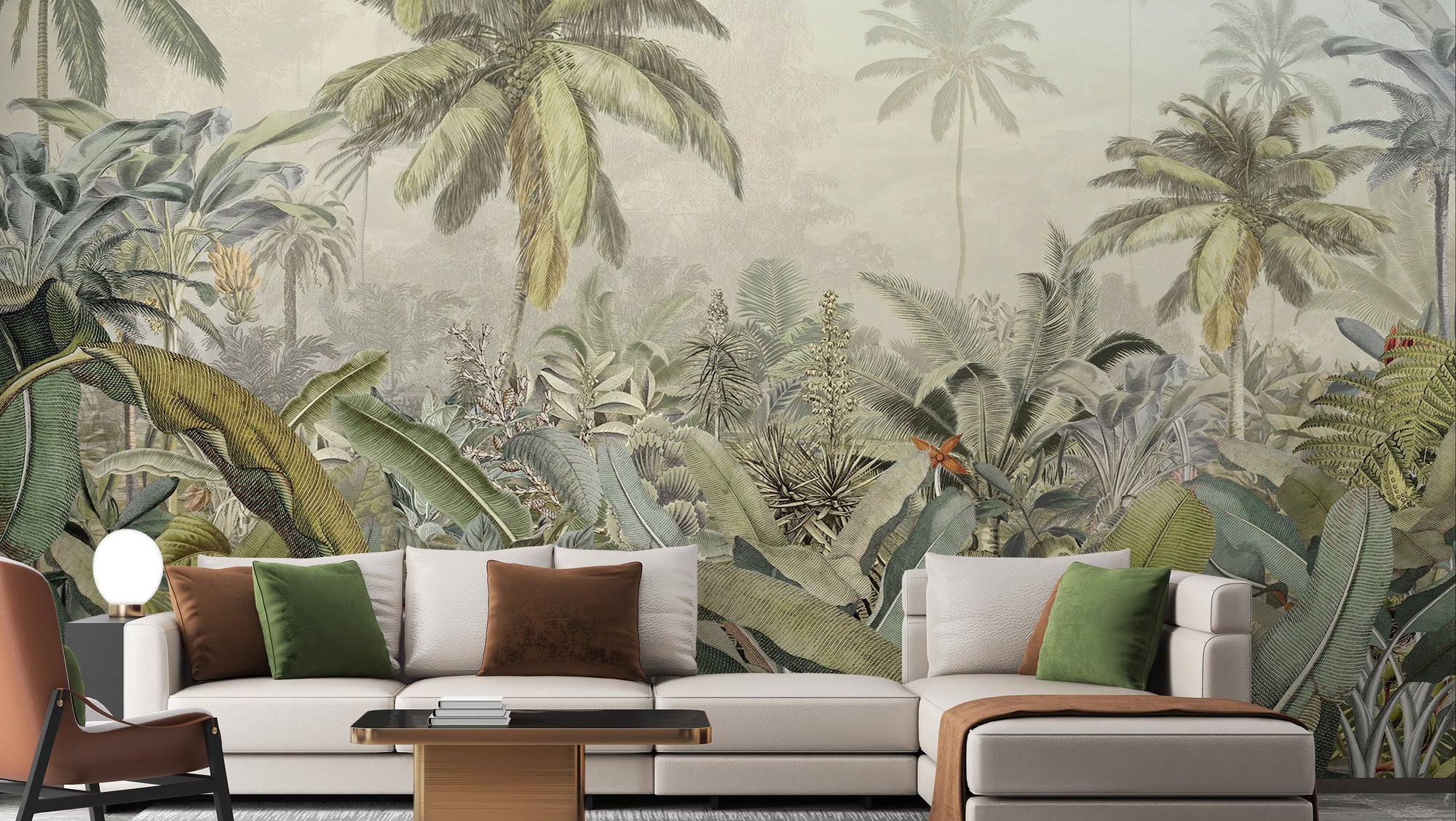 Watercolor Drawn Rich Green Plant Forestry wallpaper mural shown as a full feature wall that highlights the design