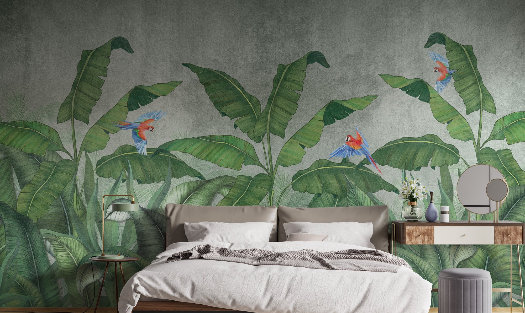 Green Plantains & Parrots wallpaper mural shown as a full feature wall that highlights the design