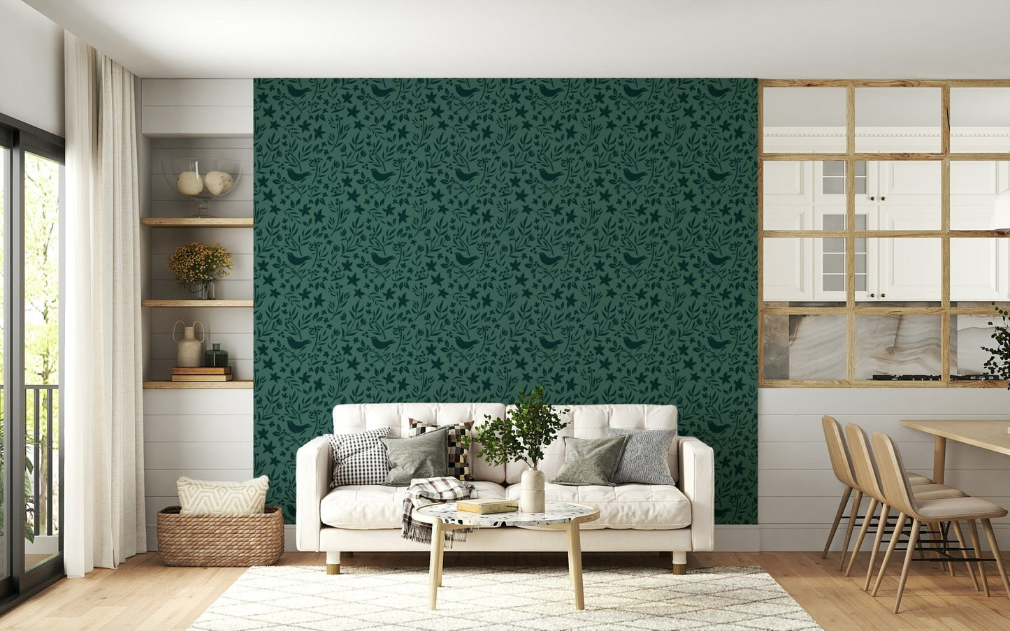 Vintage-inspired Folk Bird Botanical mural with lush vine pattern.