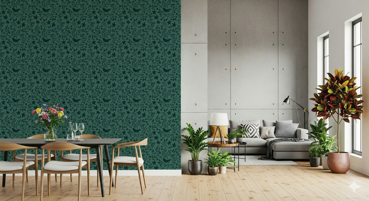 Folk Bird Botanical wall mural, stylized leaves and berries design.