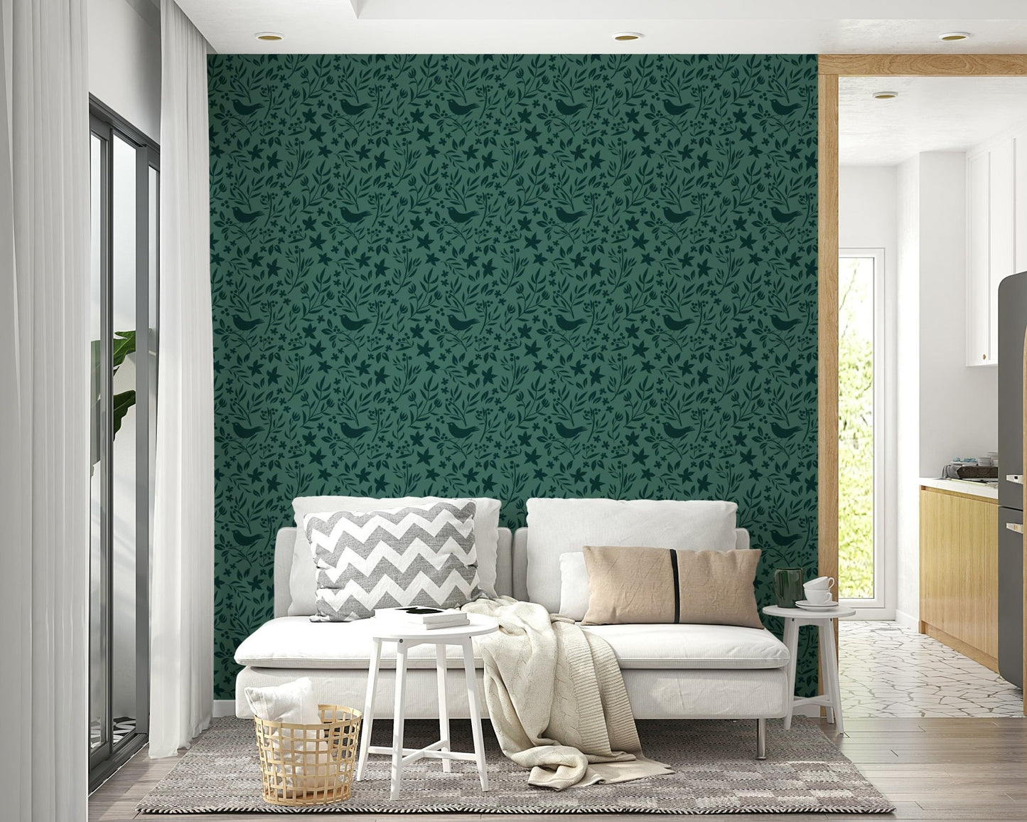 Rich teal pattern wall mural, botanical elements and small critters.