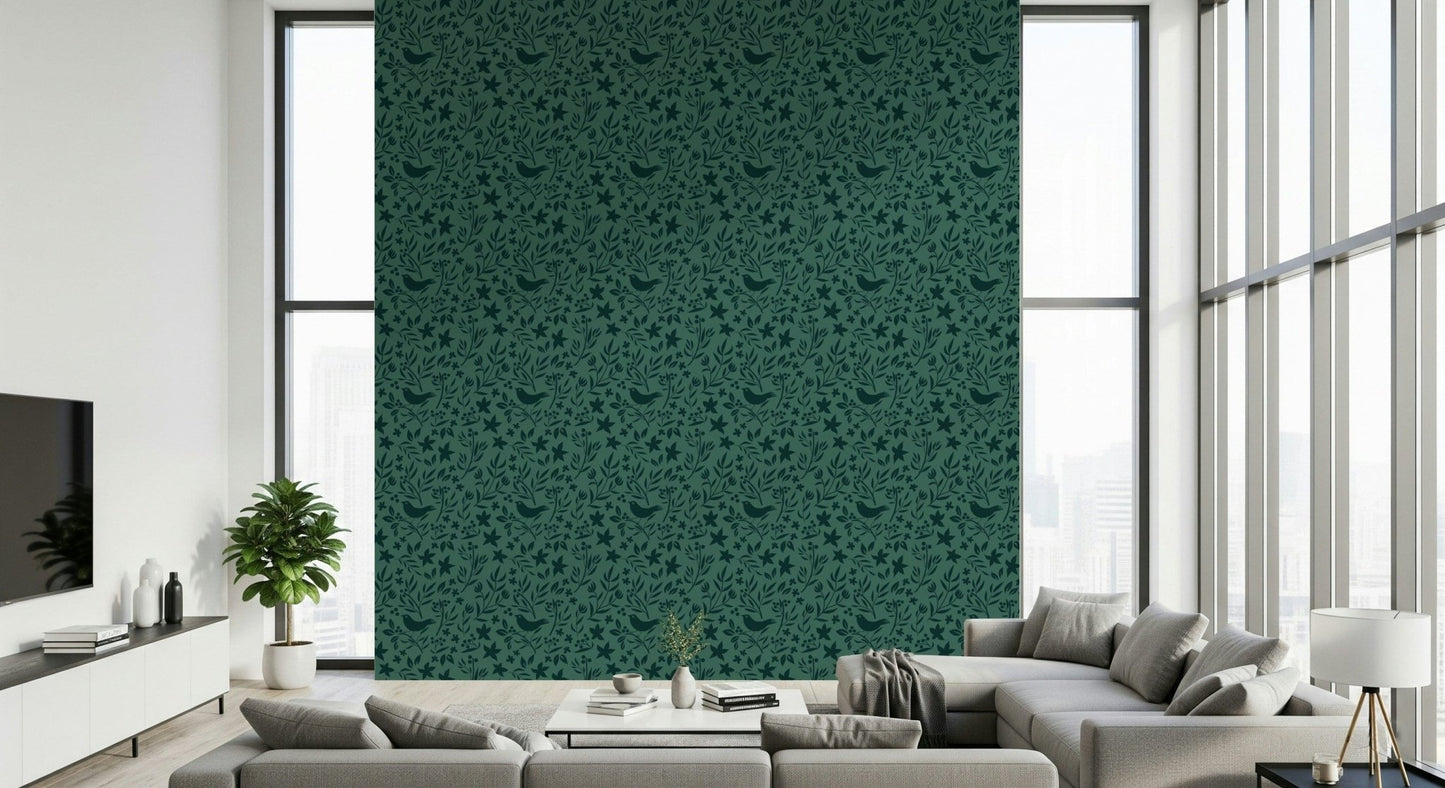 Hand-drawn look Folk Bird Botanical wallpaper for a feature accent.
