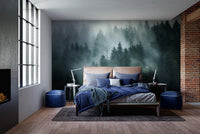 Green Tree Foggy Forest Jungle wallpaper mural styled along a hallway feature wall near a console