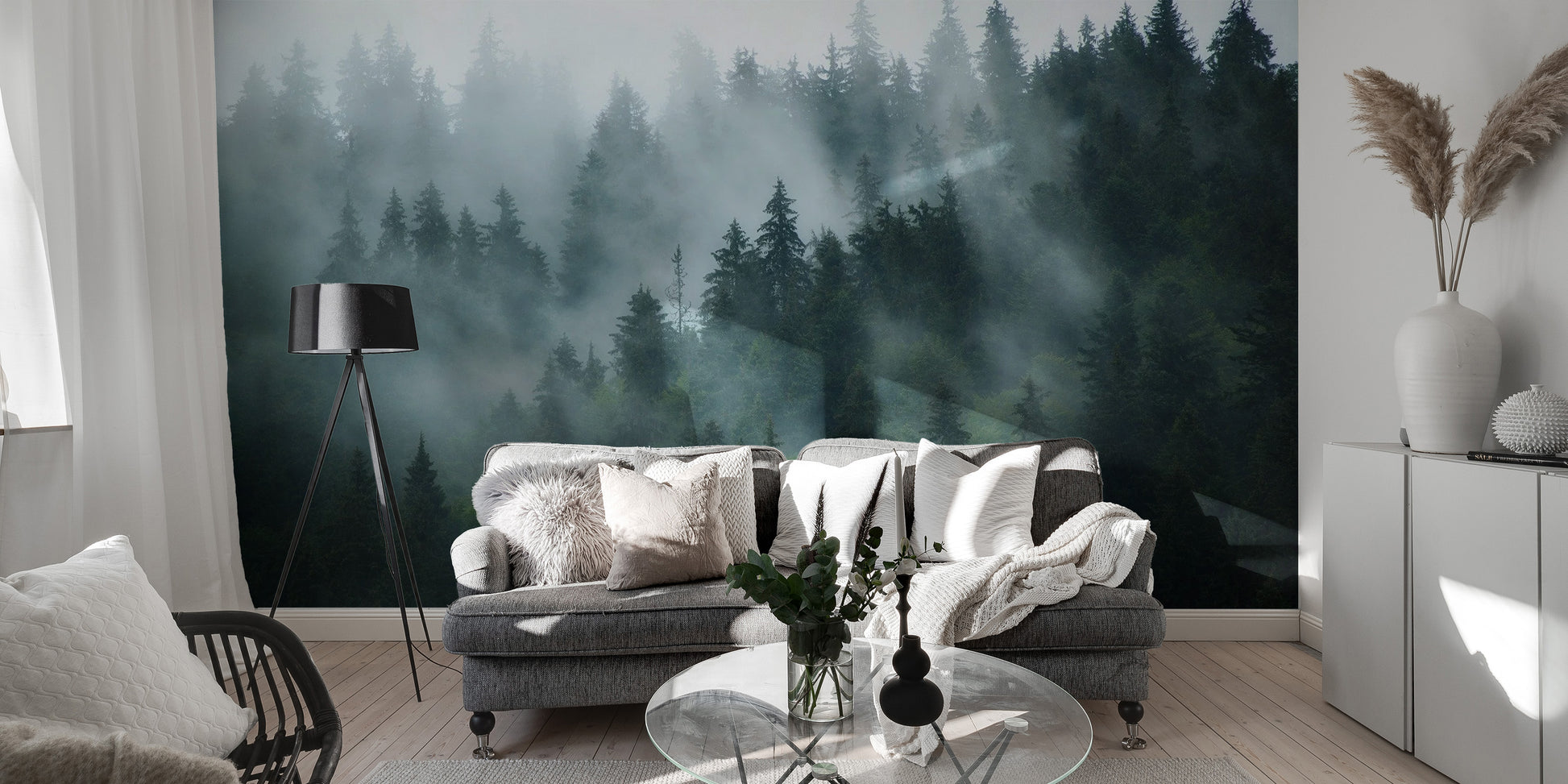 Green Tree Foggy Forest Jungle wallpaper mural as a feature wall in a home office workspace