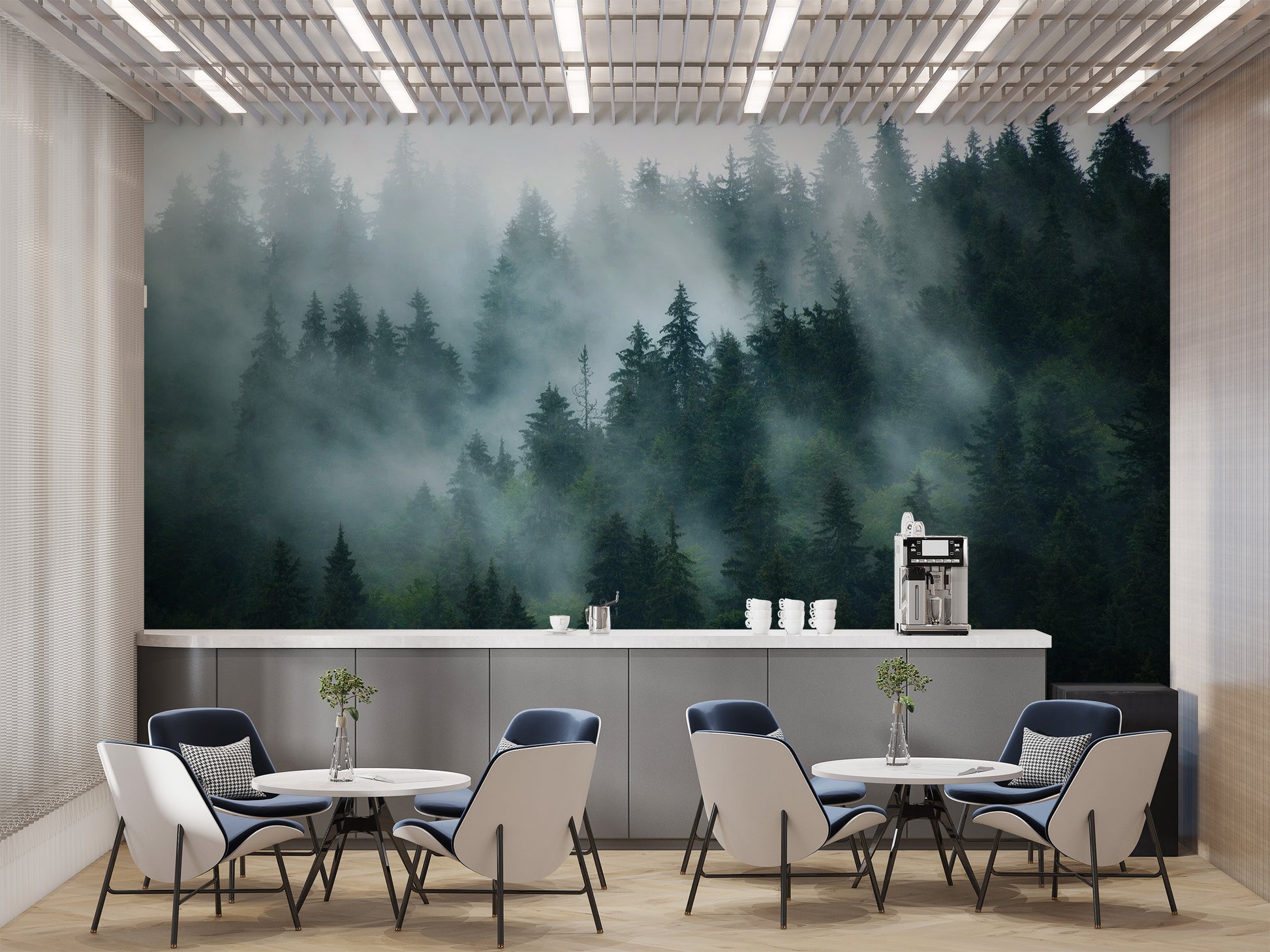 Green Tree Foggy Forest Jungle wallpaper mural shown as a full feature wall that highlights the design