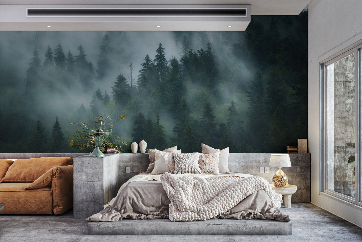 Green Tree Foggy Forest Jungle wallpaper mural styled as a feature wall behind a dining table and chairs