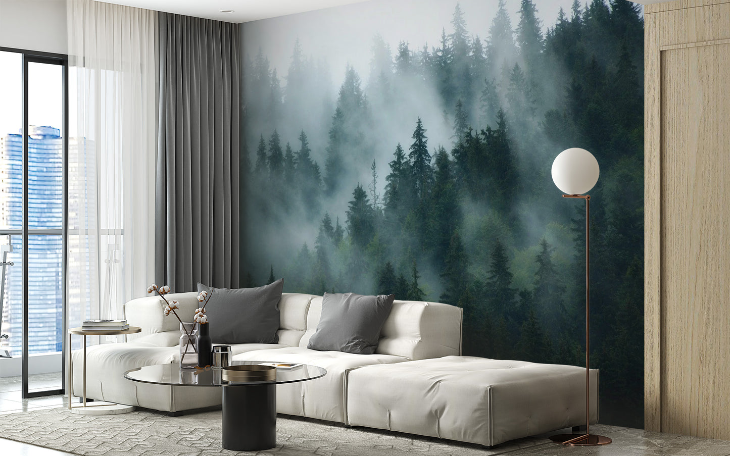 Green Tree Foggy Forest Jungle wallpaper mural as a bedroom feature wall behind the headboard