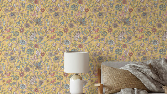 Fresh green wallpaper featuring tree and flowers

